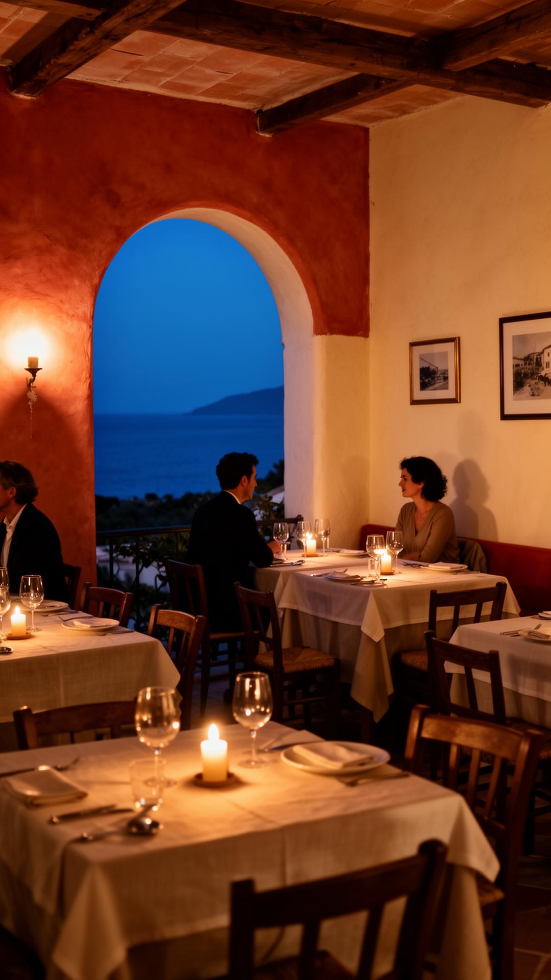 Evening interior of Bistro One with candlelit tables and Mediterranean warmth